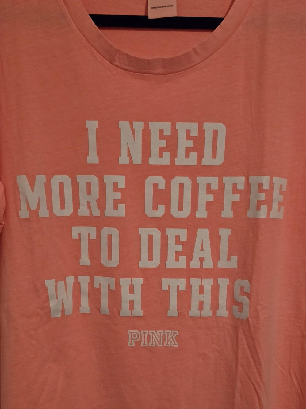 PINK Victoria's Secret Peach Graphic Short-Sleeve Tshirt, Need More Coffee Sz L - Picture 3 of 6